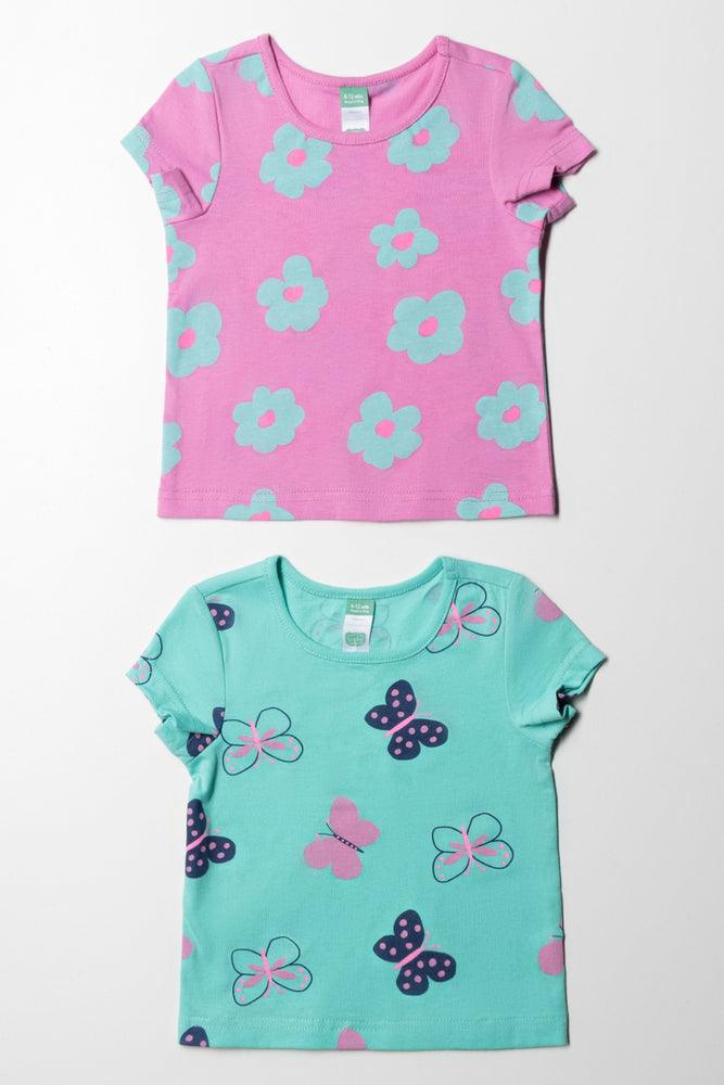 2 Pack Flower Butterfly Short Sleeve T-Shirts Pink & Aqua