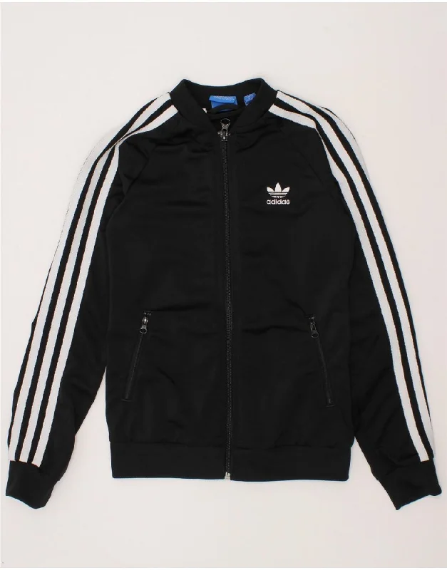 ADIDAS Girls Graphic Tracksuit Top Jacket 9-10 Years Black Polyester