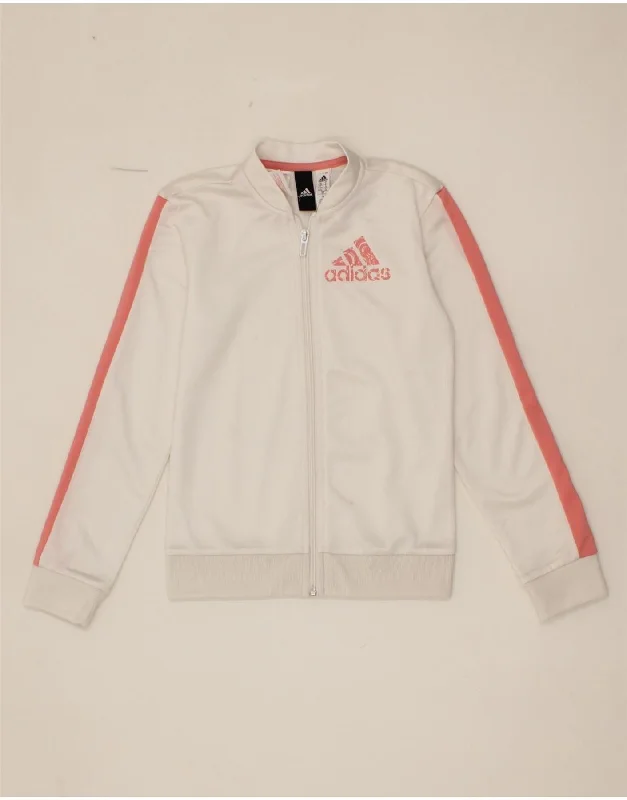 ADIDAS Girls Graphic Tracksuit Top Jacket 9-10 Years White Polyester