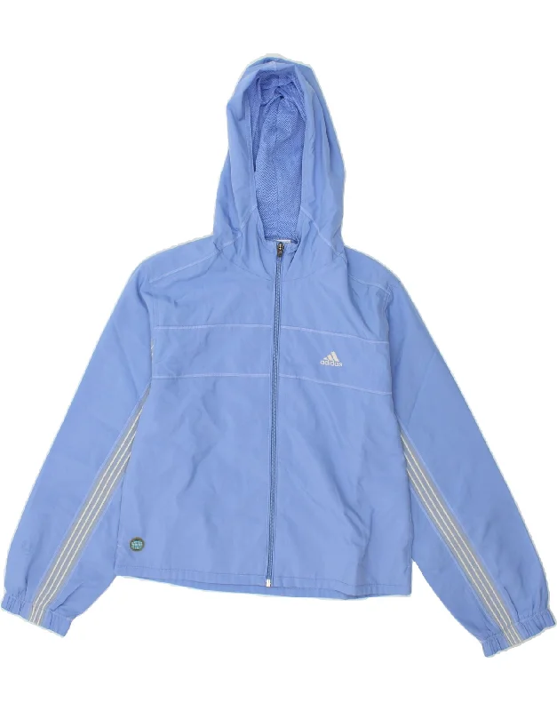 ADIDAS Girls Hooded Rain Jacket 11-12 Years Blue Polyester