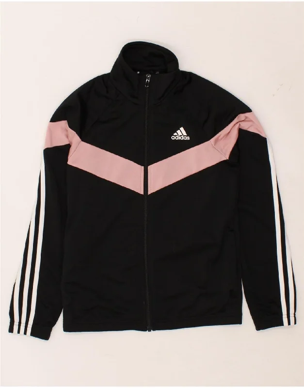 ADIDAS Girls Tracksuit Top Jacket 11-12 Years Black Colourblock Polyester