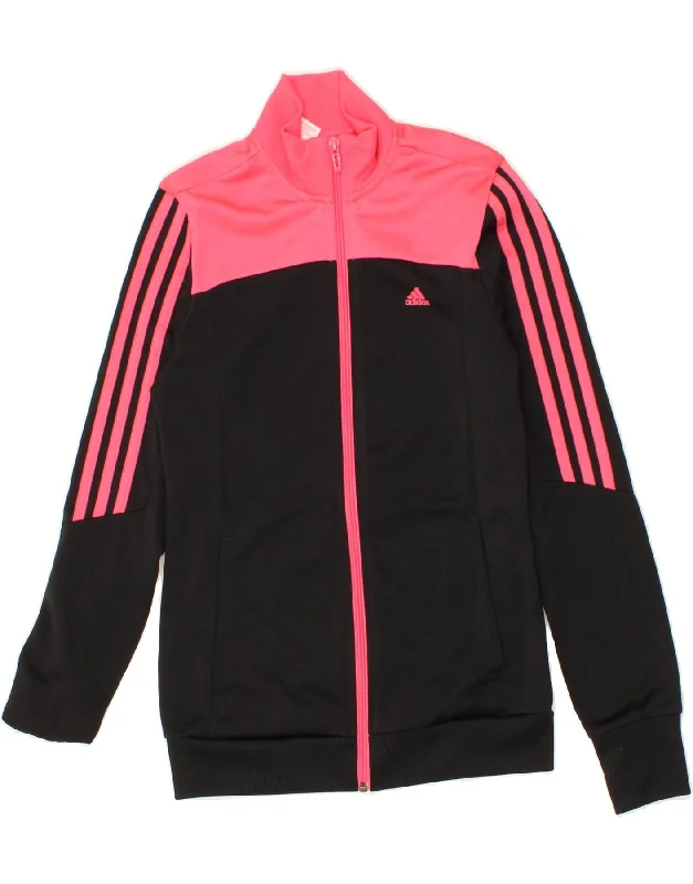 ADIDAS Girls Tracksuit Top Jacket 13-14 Years Black Colourblock Polyester