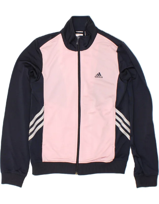 ADIDAS Girls Tracksuit Top Jacket 13-14 Years Navy Blue Colourblock