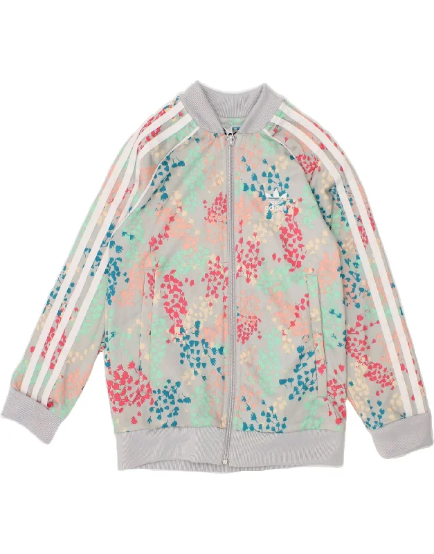 ADIDAS Girls Tracksuit Top Jacket 6-7 Years Grey Floral Polyester