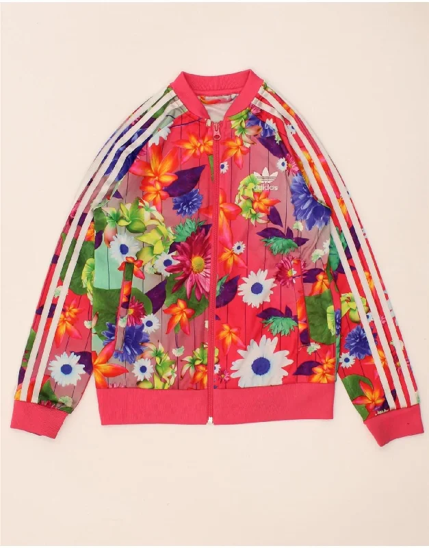 ADIDAS Girls Tracksuit Top Jacket 6-7 Years Pink Floral Polyester