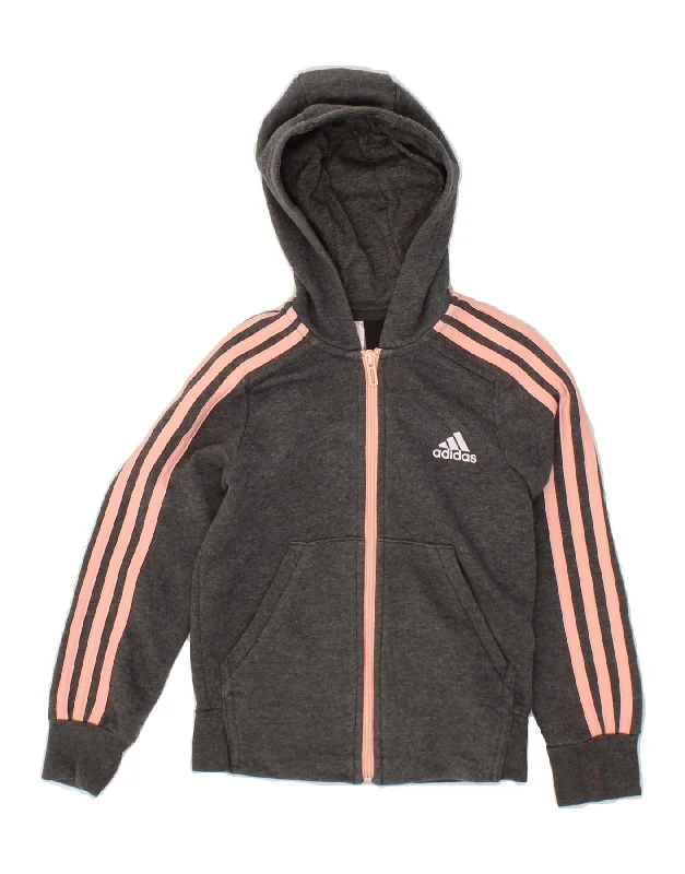 ADIDAS Girls Zip Hoodie Sweater 7-8 Years Grey Cotton