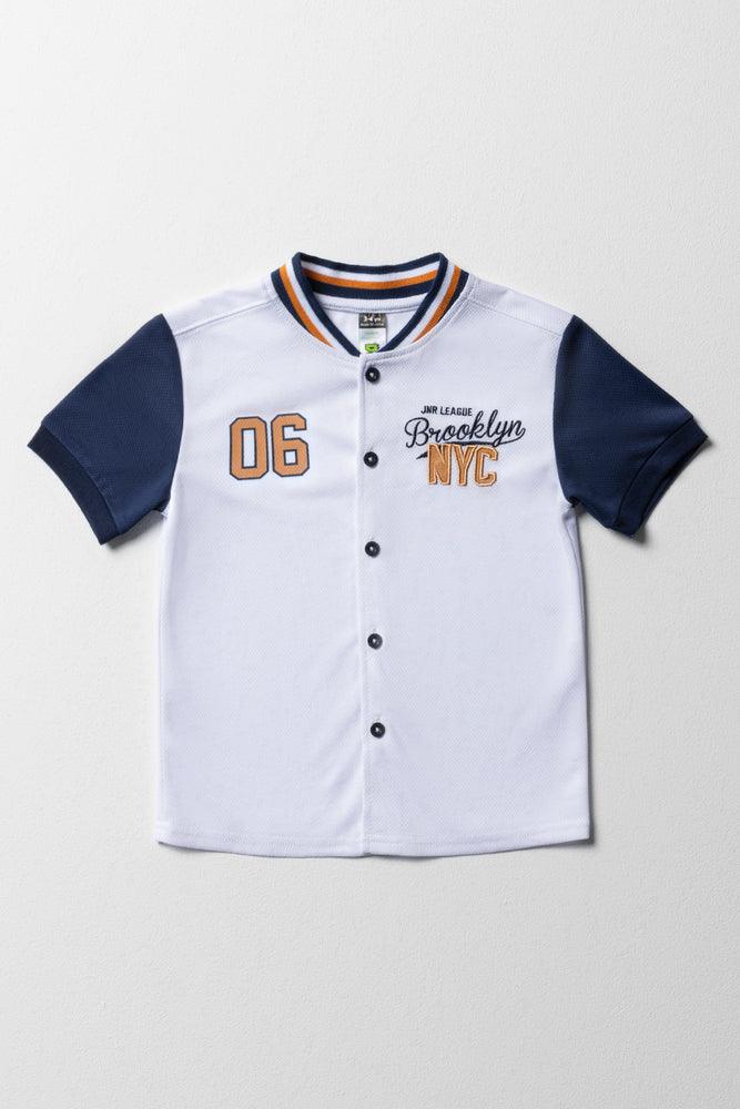 Baseball Button Through Short Sleeve T-Shirt White & Navy