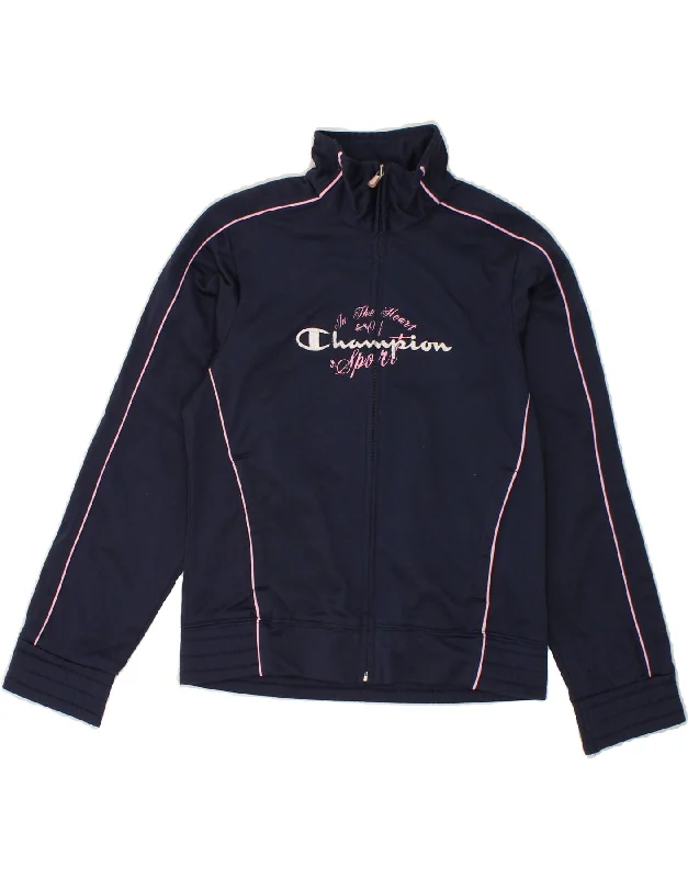 CHAMPION Girls Graphic Tracksuit Top Jacket 11-12 Years Large Navy Blue