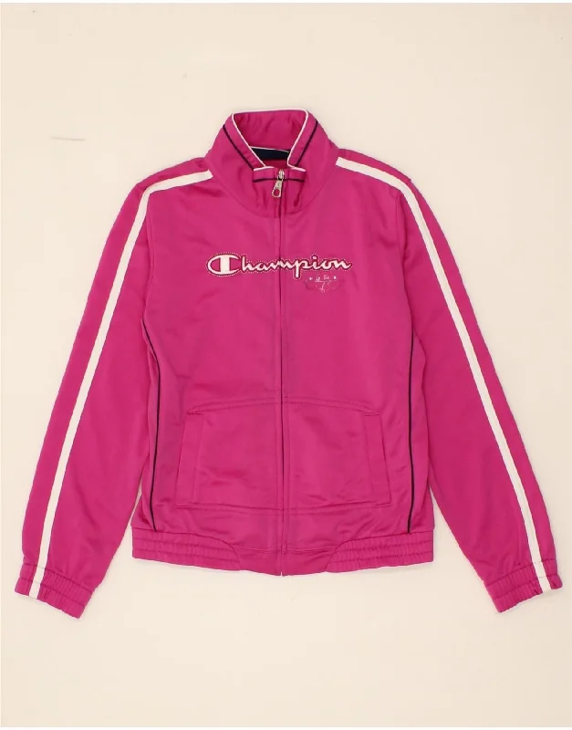 CHAMPION Girls Graphic Tracksuit Top Jacket 9-10 Years Medium Pink