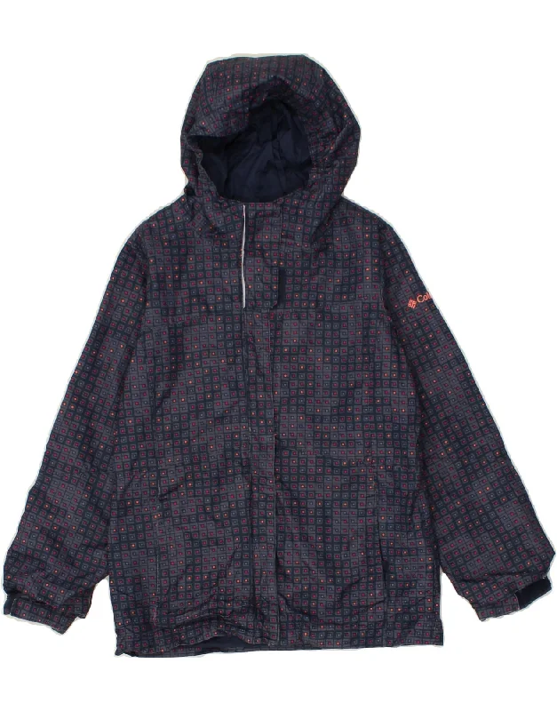 COLUMBIA Girls Hooded Rain Jacket 10-11 Years Medium  Navy Blue Geometric