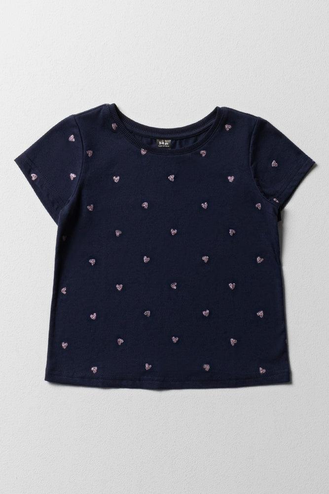 Glitter Heart Short Sleeve T-Shirt Navy