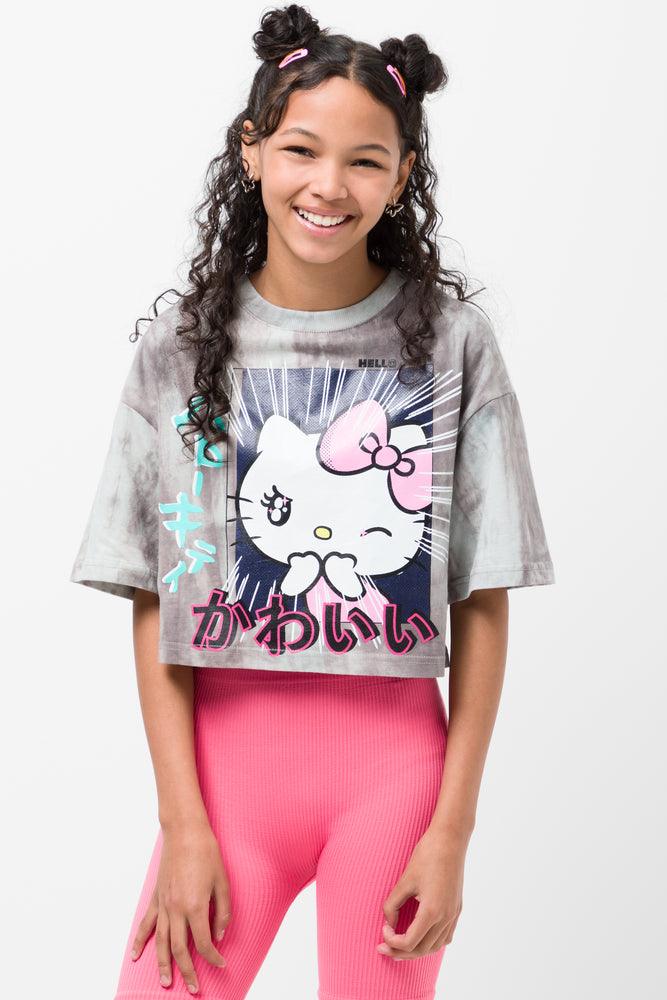 Hello Kitty Crop Boxy Short Sleeve T-Shirt Grey