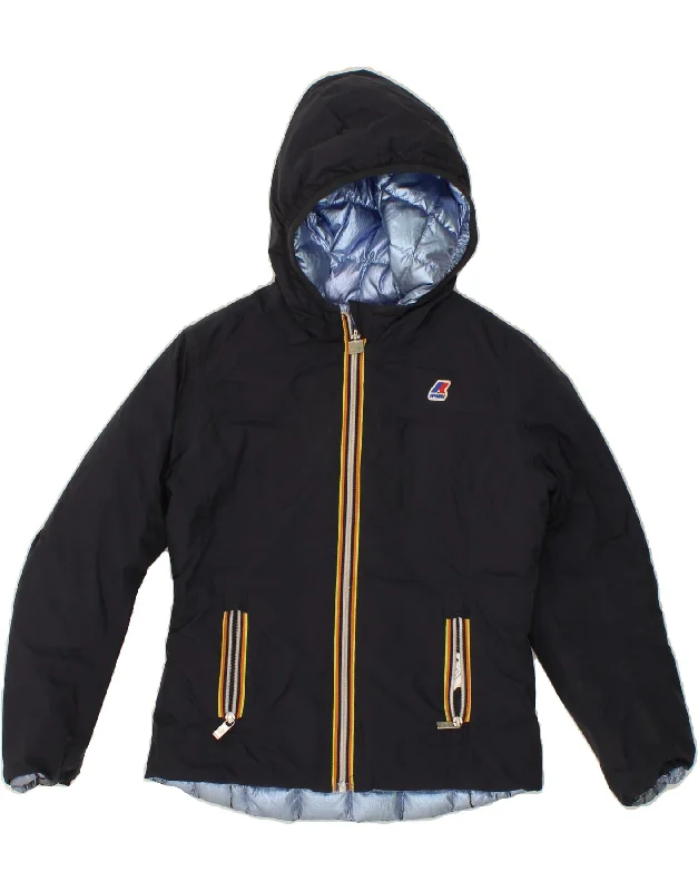 K-WAY Girls Hooded Reversible Padded Jacket 9-10 Years Navy Blue Polyester