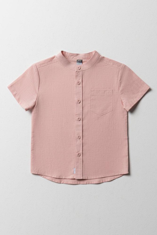 Linen Short Sleeve Mandarin Shirt Dusty Pink