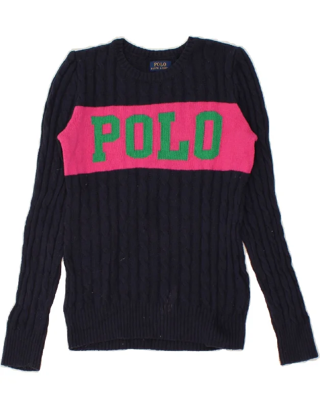 POLO Girls Graphic Boat Neck Jumper Sweater 12-13 Years Large  Navy Blue