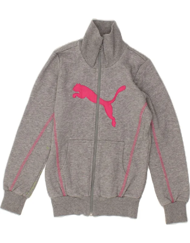 PUMA Girls Graphic Tracksuit Top Jacket 7-8 Years Small Grey