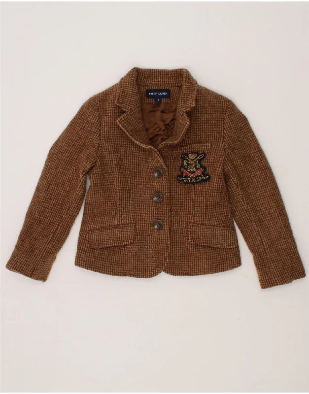 RALPH LAUREN Girls 3 Button Blazer Jacket 3-4 Years Brown Houndstooth