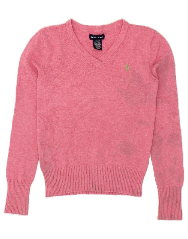 RALPH LAUREN Girls V-Neck Jumper Sweater 12-13 Years Large  Pink Cotton