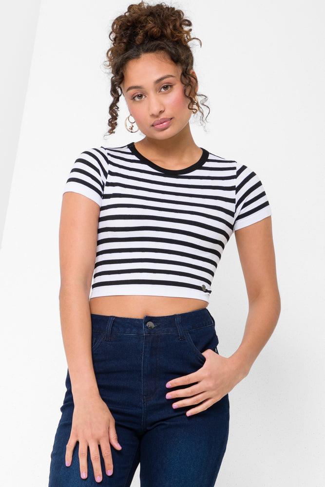 Seamless Stripe Cropped Short Sleeve T-Shirt Black & White