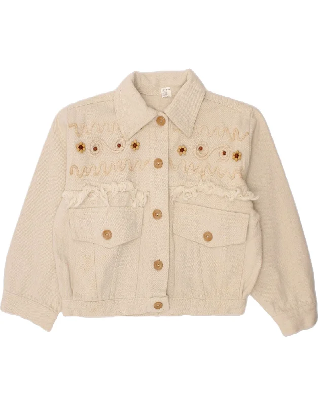 VINTAGE Girls Bomber Jacket 9-10 Years Large Beige Cotton