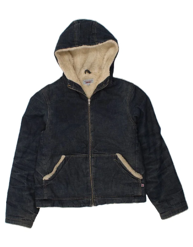 VINTAGE Girls Hooded Denim Sherpa Jacket 15-16 Years Large Navy Blue