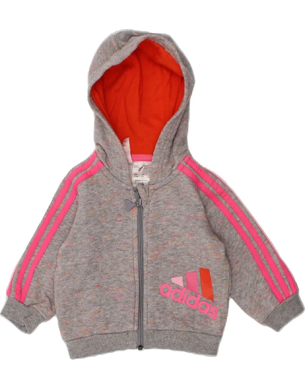 ADIDAS Baby Girls Graphic Zip Hoodie Sweater 0-3 Months Grey Flecked