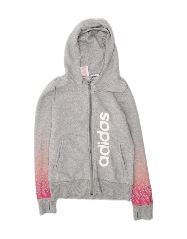 ADIDAS Girls Graphic Zip Hoodie Sweater 11-12 Years Grey Colourblock