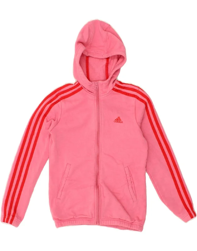 ADIDAS Girls Graphic Zip Hoodie Sweater 11-12 Years Pink Cotton