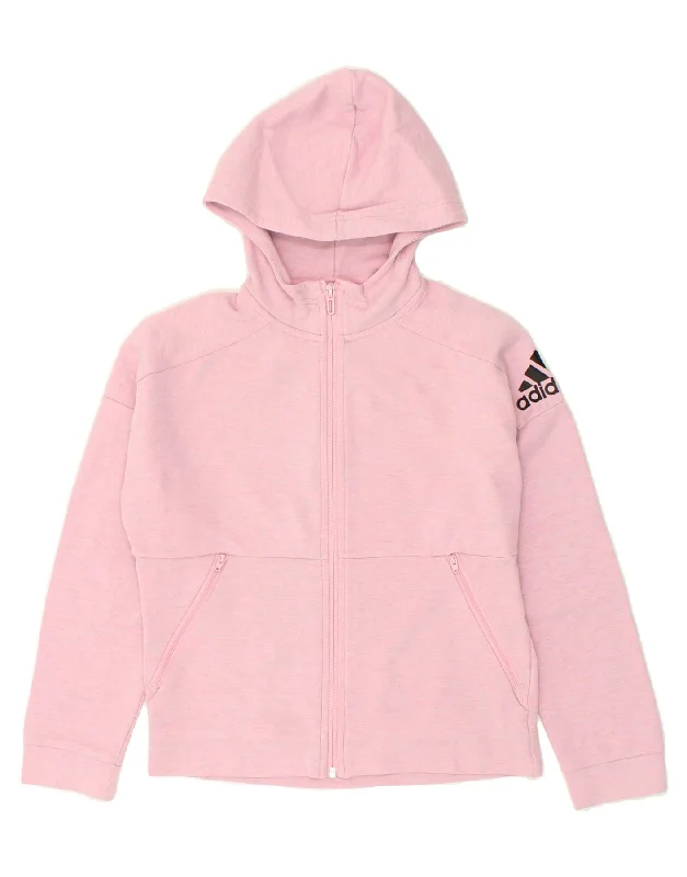 ADIDAS Girls Graphic Zip Hoodie Sweater 11-12 Years Pink Cotton