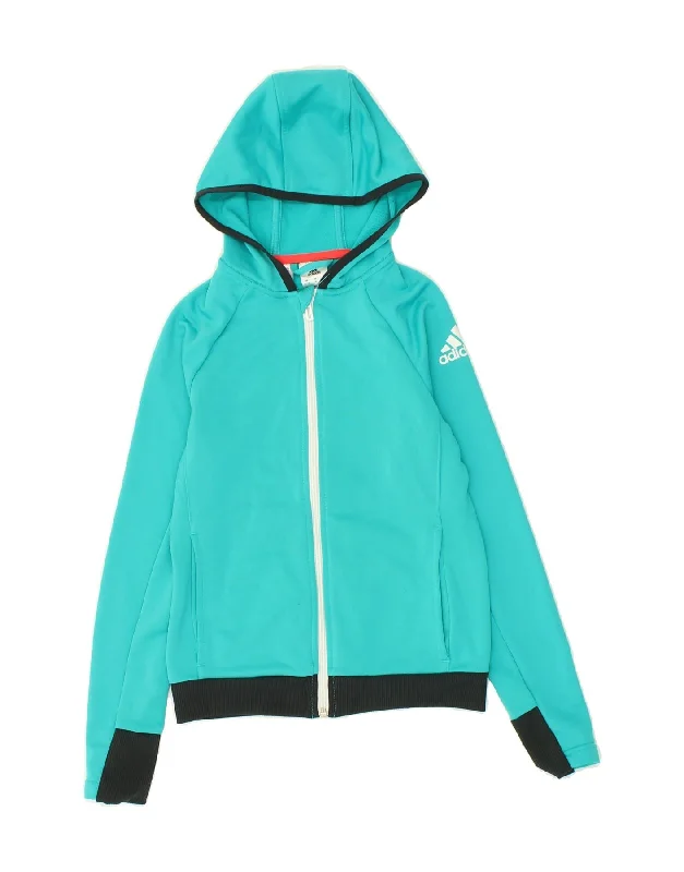 ADIDAS Girls Graphic Zip Hoodie Sweater 11-12 Years Turquoise Colourblock