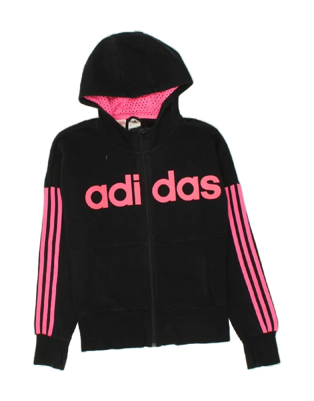 ADIDAS Girls Graphic Zip Hoodie Sweater 13-14 Years Black Cotton