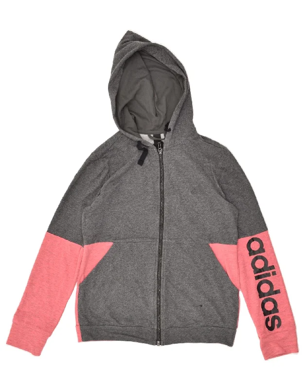 ADIDAS Girls Graphic Zip Hoodie Sweater 13-14 Years Grey Colourblock