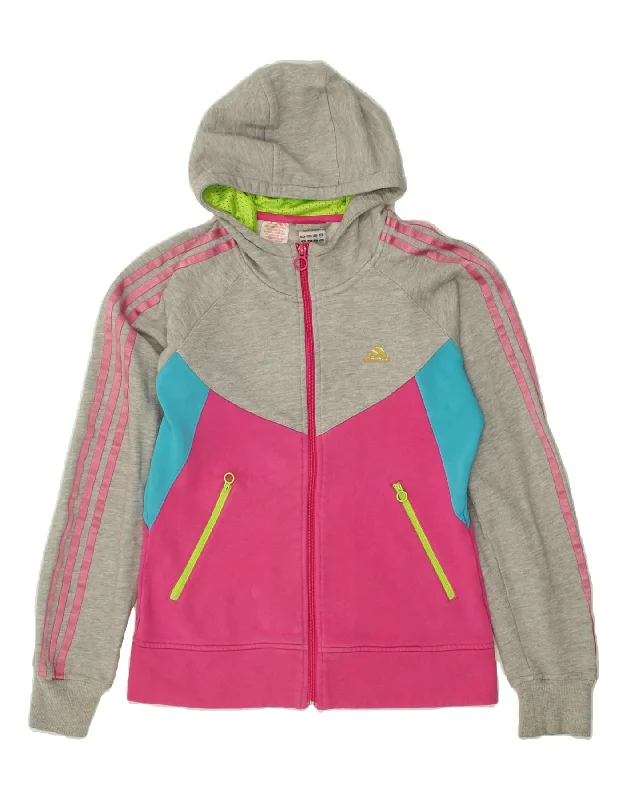 ADIDAS Girls Graphic Zip Hoodie Sweater 15-16 Years Pink Colourblock