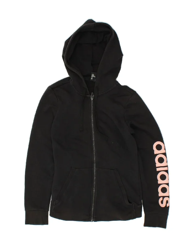 ADIDAS Girls Graphic Zip Hoodie Sweater 8-9 Years Small Black