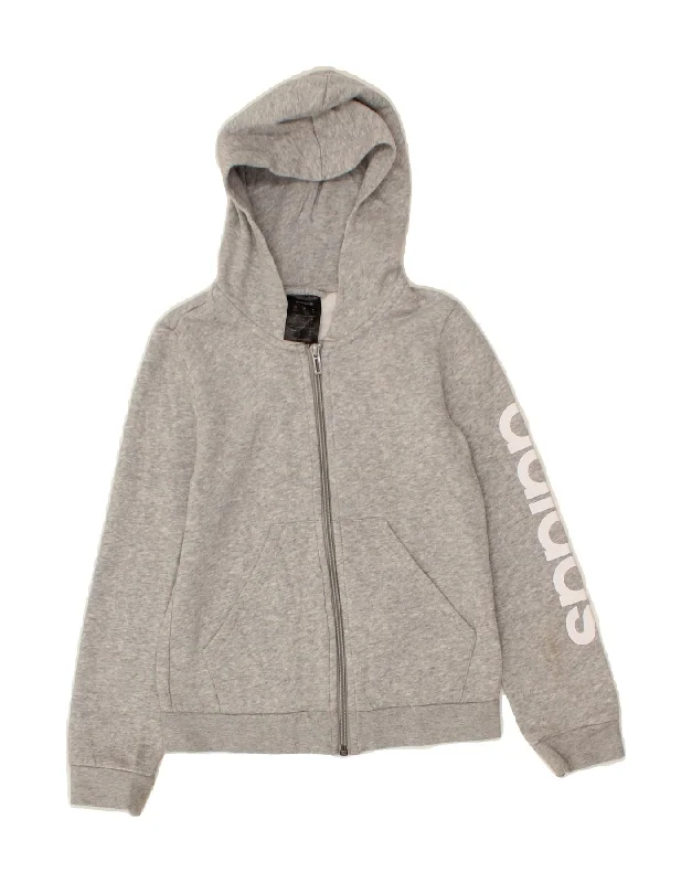 ADIDAS Girls Graphic Zip Hoodie Sweater 9-10 Years Grey Cotton