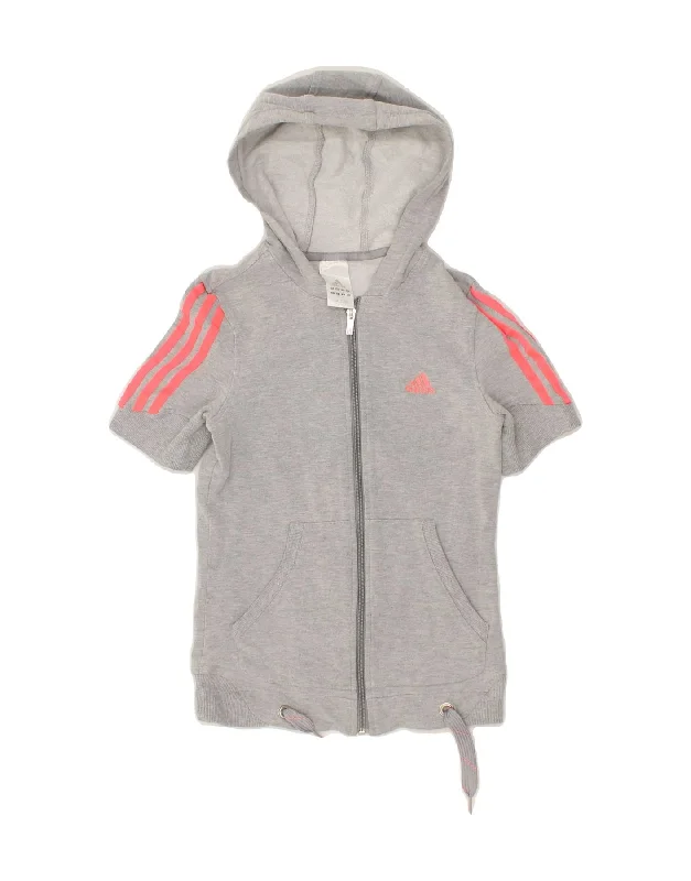 ADIDAS Girls Short Sleeve Zip Hoodie Sweater 7-8 Years Grey Cotton