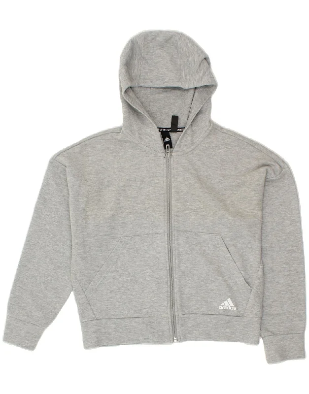 ADIDAS Girls Zip Hoodie Sweater 13-14 Years Grey Cotton