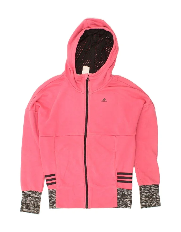 ADIDAS Girls Zip Hoodie Sweater 13-14 Years Pink Colourblock Cotton