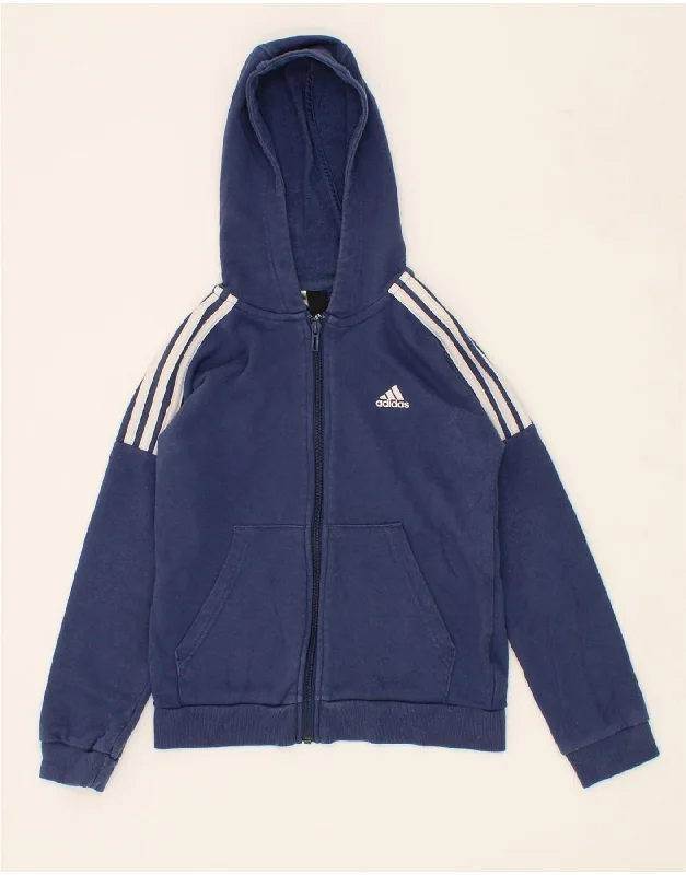 ADIDAS Girls Zip Hoodie Sweater 9-10 Years Navy Blue Cotton