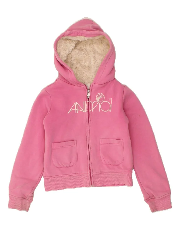 ANIMAL Girls Crop Graphic Zip Hoodie Sweater 10-11 Years Small Pink