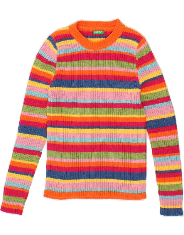 BENETTON Girls Boat Neck Jumper Sweater 3-4 Years Multicoloured Striped