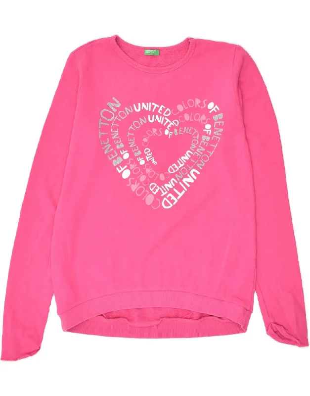 BENETTON Girls Graphic Sweatshirt Jumper 13-14 Years 3XL  Pink Cotton