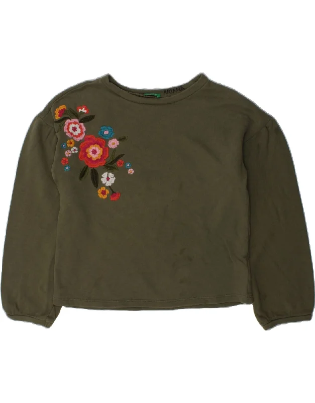 BENETTON Girls Graphic Sweatshirt Jumper 13-14 Years Khaki Floral