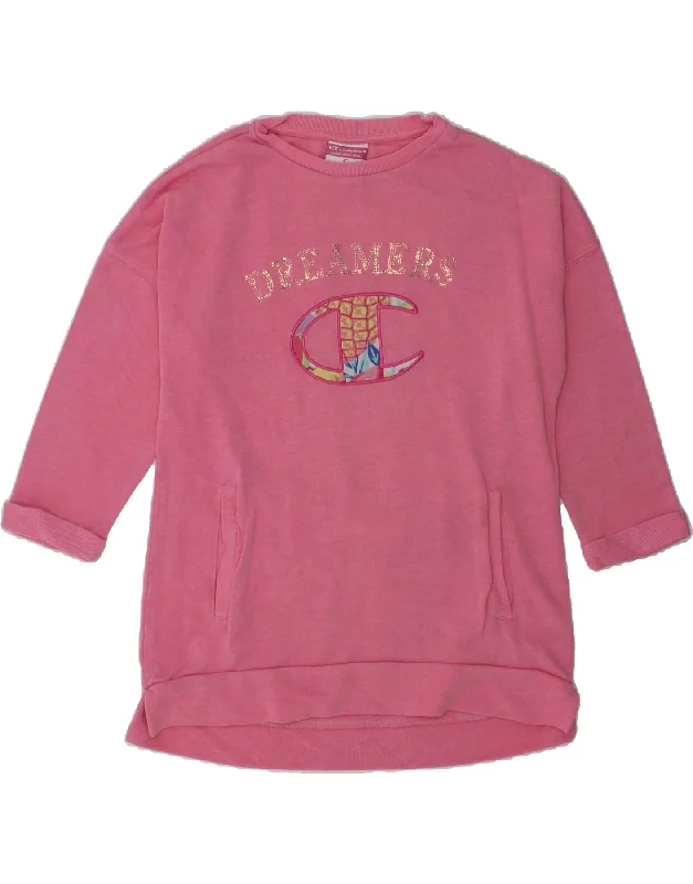 CHAMPION Girls Graphic Sweatshirt Jumper 7-8 Years Small Pink Cotton