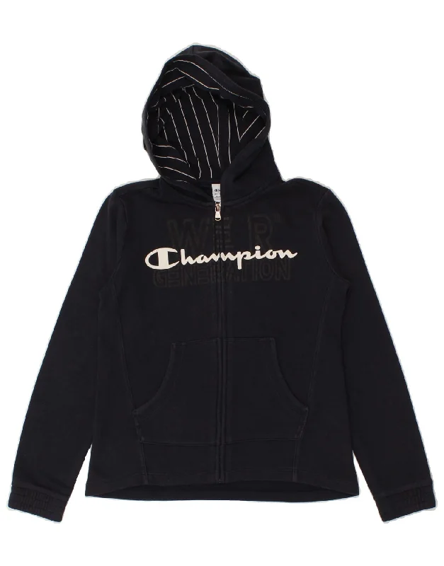 CHAMPION Girls Graphic Zip Hoodie Sweater 11-12 Years Large Navy Blue