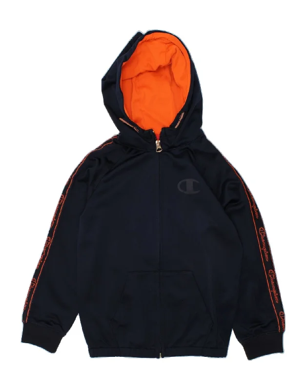 CHAMPION Girls Graphic Zip Hoodie Sweater 5-6 Years XS Navy Blue Polyester