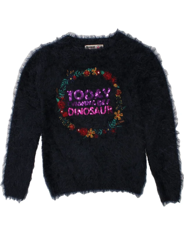 DESIGUAL Girls Graphic Boat Neck Jumper Sweater 7-8 Years Navy Blue