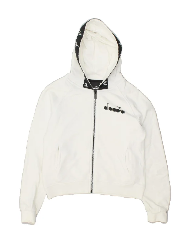 DIADORA Girls Graphic Crop Zip Hoodie Sweater 11-12 Years White Cotton