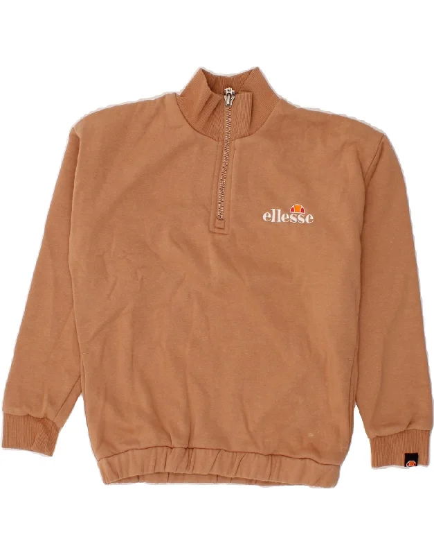 ELLESSE Girls Graphic Zip Neck Jumper Sweater 10-11 Years Brown Cotton