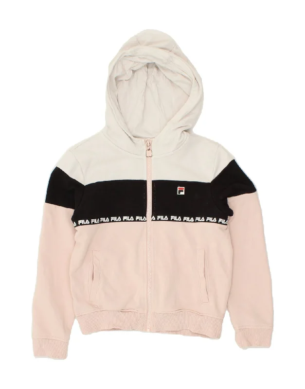 FILA Girls Graphic Zip Hoodie Sweater 9-10 Years Pink Colourblock Cotton